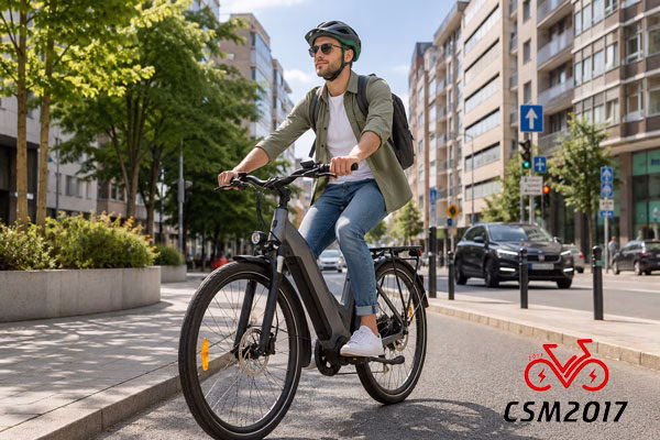 Čovek vozi električnu biciklu kroz grad.
